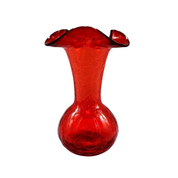 Vintage Pilgrim Hand Blown Glass Ruby Red Crackle Ruffled Top Vase WV - Picture 1 of 9